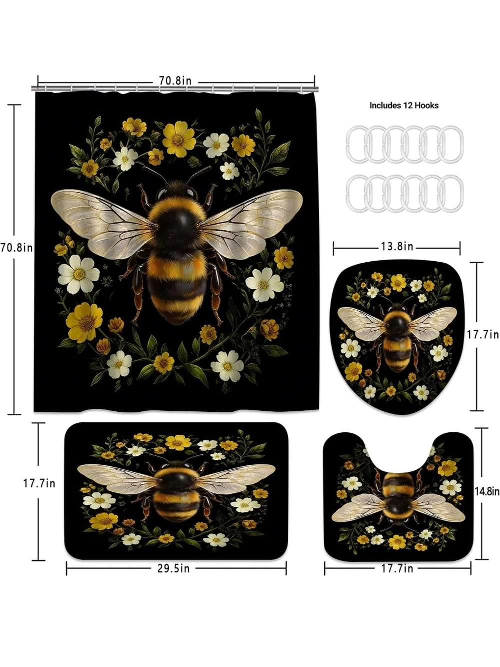 Bee Floral Black Shower Curtain and Bath Set